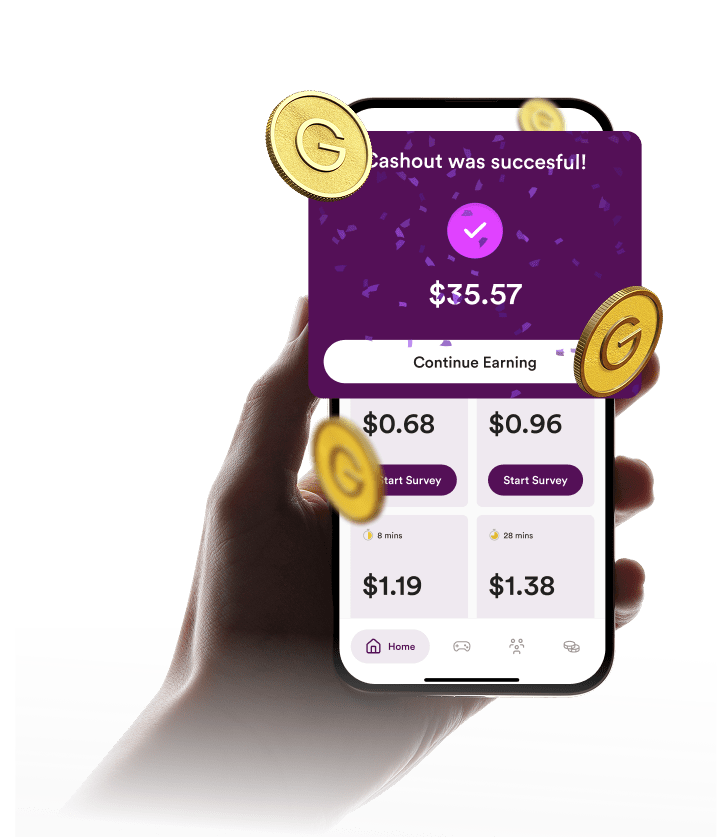 Golden Surveys mobile app interface showing survey questions and earning rewards